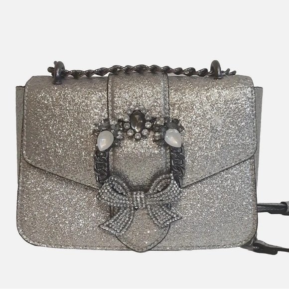 NWT ALDO Feronnel 97 Glitter Crossbody Bag Purse Silver Rhinestone Evening - Picture 1 of 12
